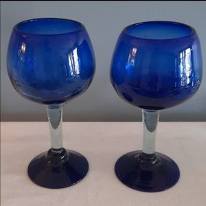 Pair of Handblown Cobalt Blue Wine Glasses